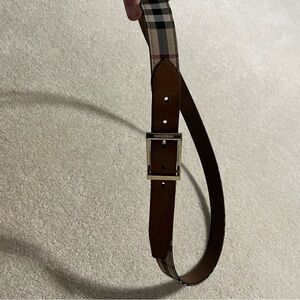 Burberry Beige Check & Brown Leather Men's Belt with Gold Buckle